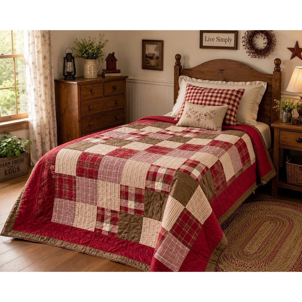 Vintage Woolrich Patchwork  Quilt Twin 64x48" Red Checked Farmhouse Cottage